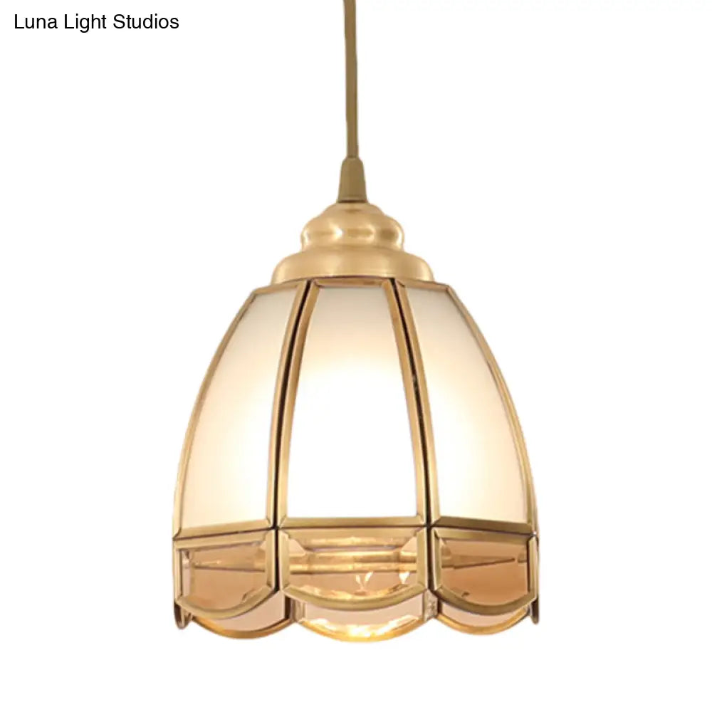 Traditional Frosted Glass Hanging Lamp Kit In Brass - 1 Light Pendant For Dining Room