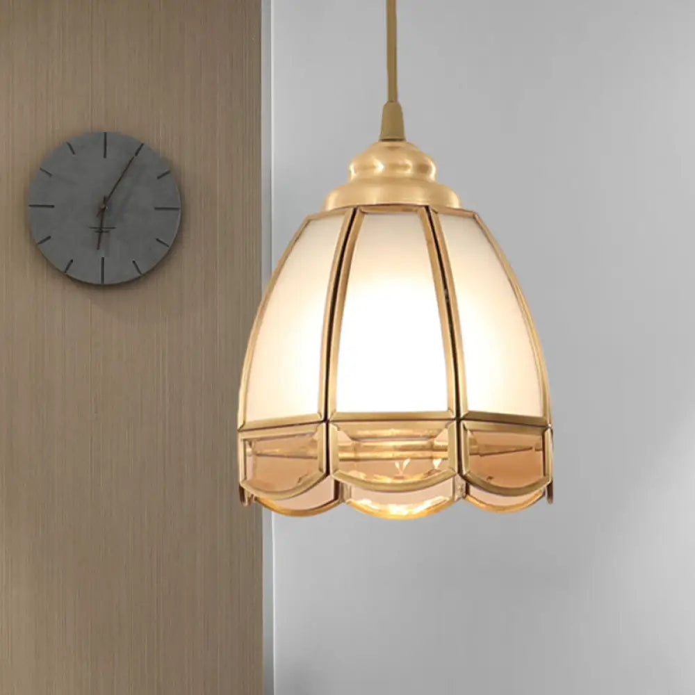 Traditional Frosted Glass Hanging Lamp Kit In Brass - 1 Light Pendant For Dining Room / Wide Flare