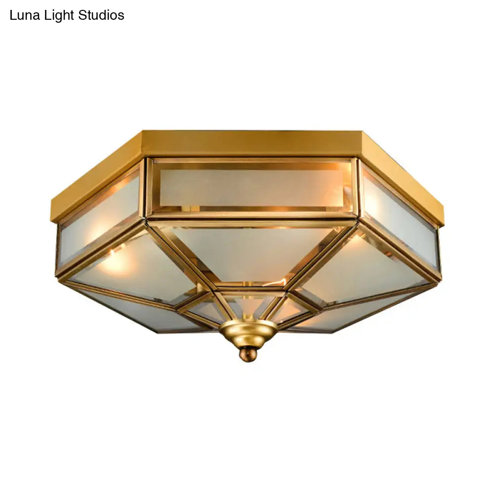 Traditional Frosted Glass Hexagon Flush Mount Chandelier - Brass Ceiling Fixture (14/18 Wide) 3/4