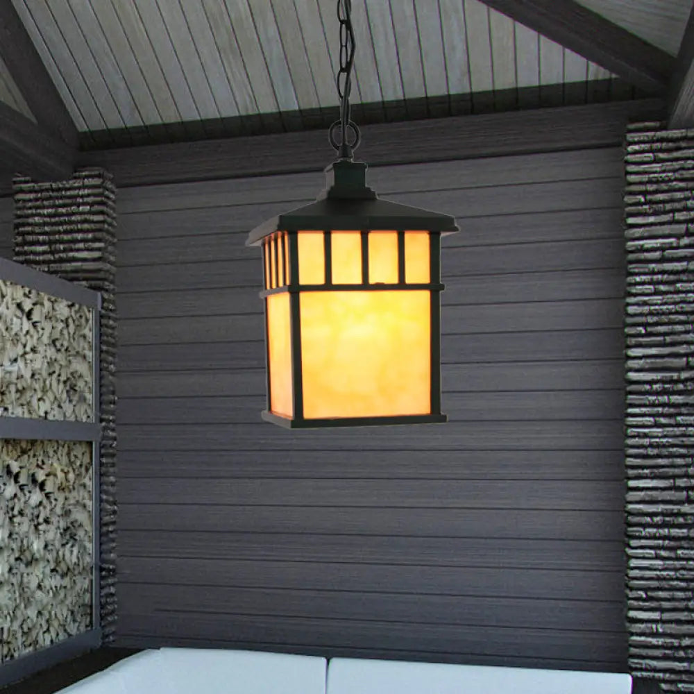 Traditional Frosted Glass Lantern Pendant: 1-Light Black Suspension Light For Corridors