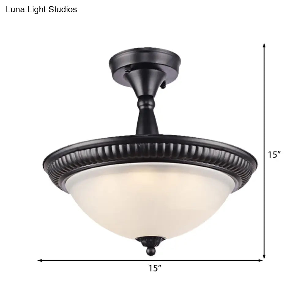 Traditional Frosted Glass Led Black Ceiling Light For Living Room - Bowl Semi Mount Lighting With