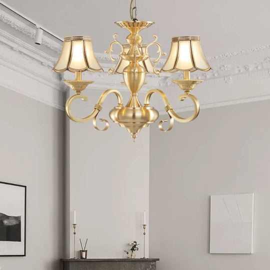 Traditional Frosted Glass Scalloped Chandelier: 3/5 Lights Living Room Hanging Ceiling Lamp 3 / Gold