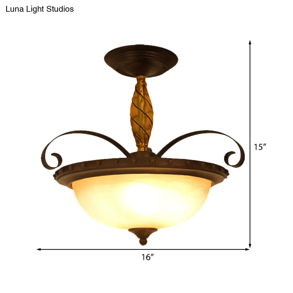 Traditional Frosted Glass Semi Flush Light With 3 Lights For Bedroom Ceiling - Brown Bowl Lamp