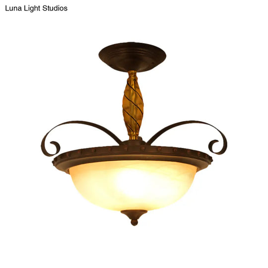 Traditional Frosted Glass Semi Flush Light With 3 Lights For Bedroom Ceiling - Brown Bowl Lamp