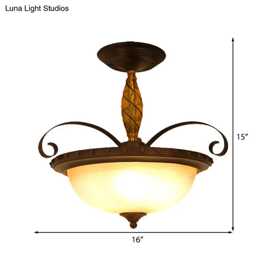 Traditional Frosted Glass Semi Flush Light With 3 Lights For Bedroom Ceiling - Brown Bowl Lamp