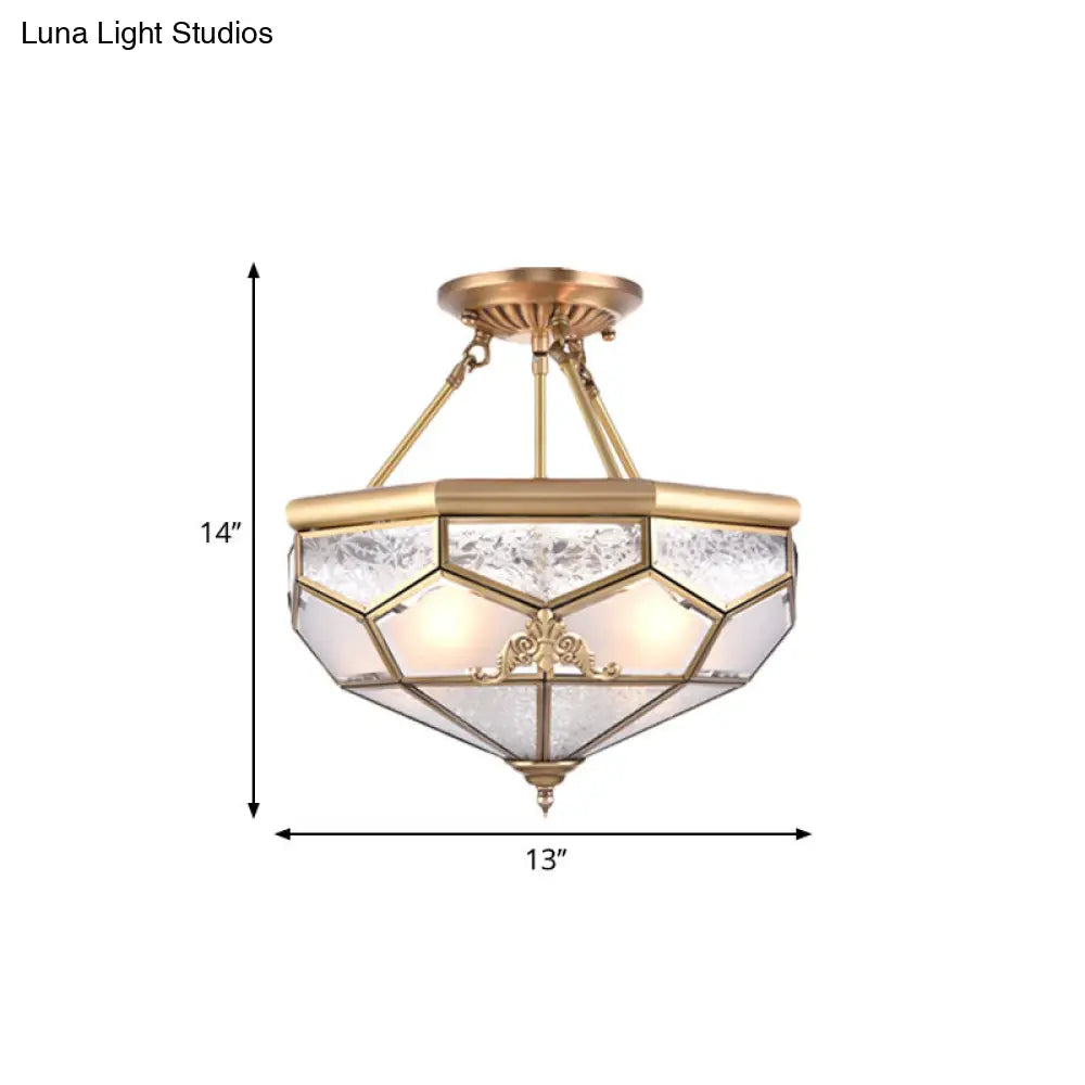 Traditional Frosted Glass Semi Flush Mount For Corridor - Gold Wide 14/16/18 3/4/6 Lights