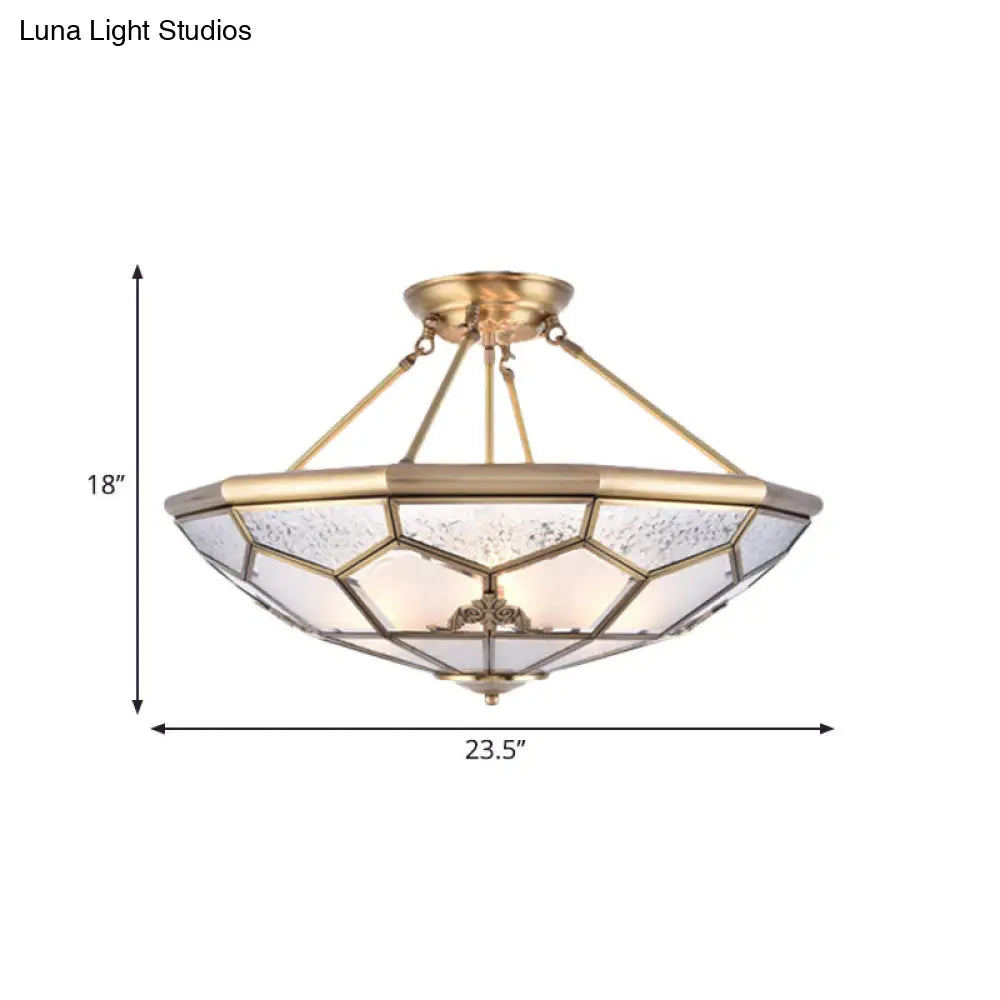 Traditional Frosted Glass Semi Flush Mount For Corridor - Gold Wide 14/16/18 3/4/6 Lights