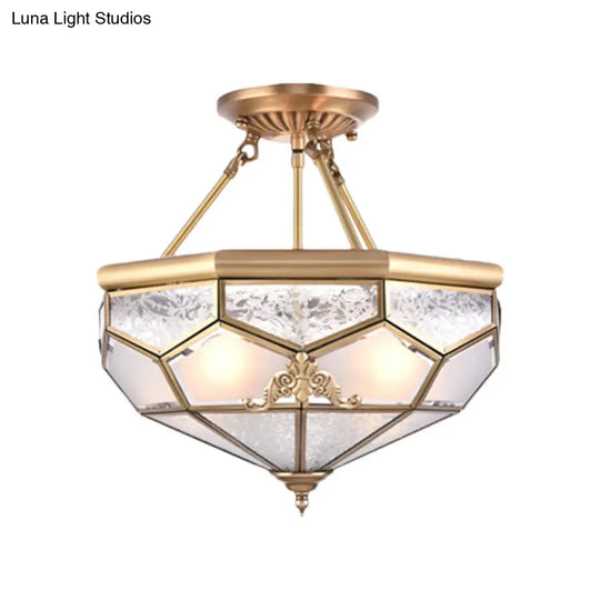 Traditional Frosted Glass Semi Flush Mount For Corridor - Gold Wide 14/16/18 3/4/6 Lights