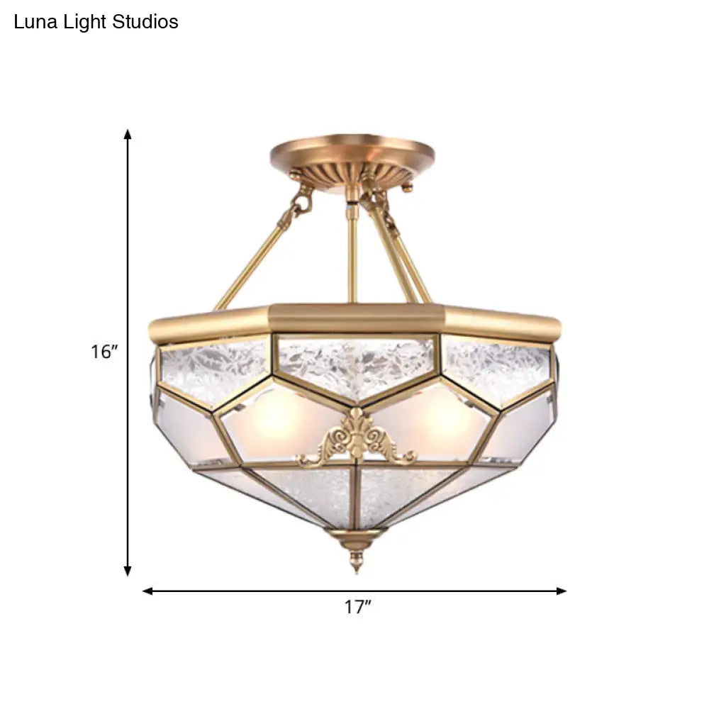 Traditional Frosted Glass Semi Flush Mount For Corridor - Gold Wide 14/16/18 3/4/6 Lights