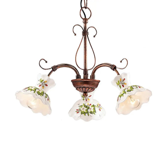 Traditional Frosted Glass Spur Pendant Chandelier With Flower Disk Shade - Rust Hanging Ceiling