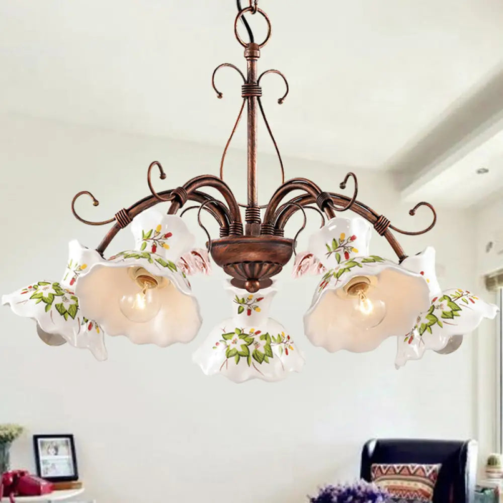 Traditional Frosted Glass Spur Pendant Chandelier With Flower Disk Shade - Rust Hanging Ceiling