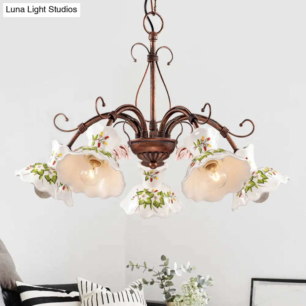 Traditional Frosted Glass Spur Pendant Chandelier With Flower Disk Shade - Rust Hanging Ceiling