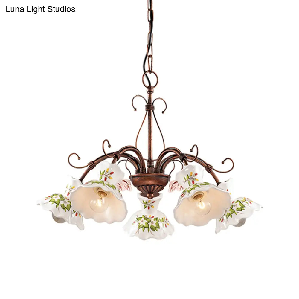 Traditional Frosted Glass Spur Pendant Chandelier With Flower Disk Shade - Rust Hanging Ceiling