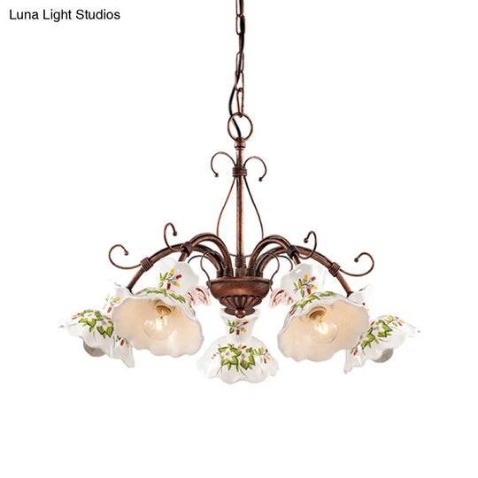 Traditional Frosted Glass Spur Pendant Chandelier With Flower Disk Shade - Rust Hanging Ceiling