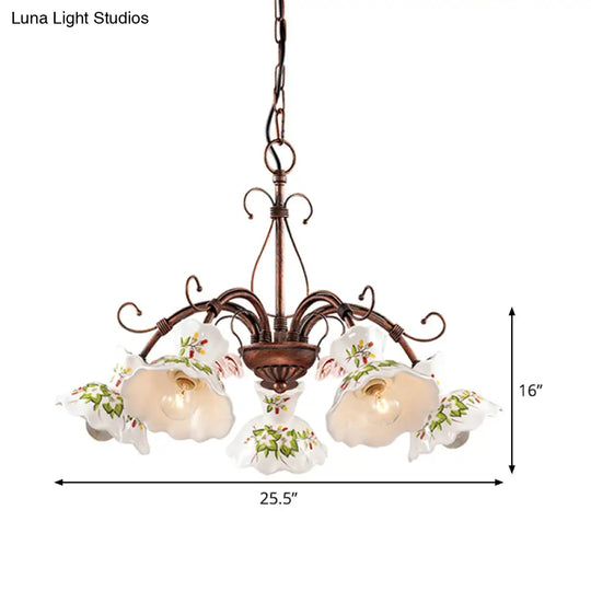 Traditional Frosted Glass Spur Pendant Chandelier With Flower Disk Shade - Rust Hanging Ceiling