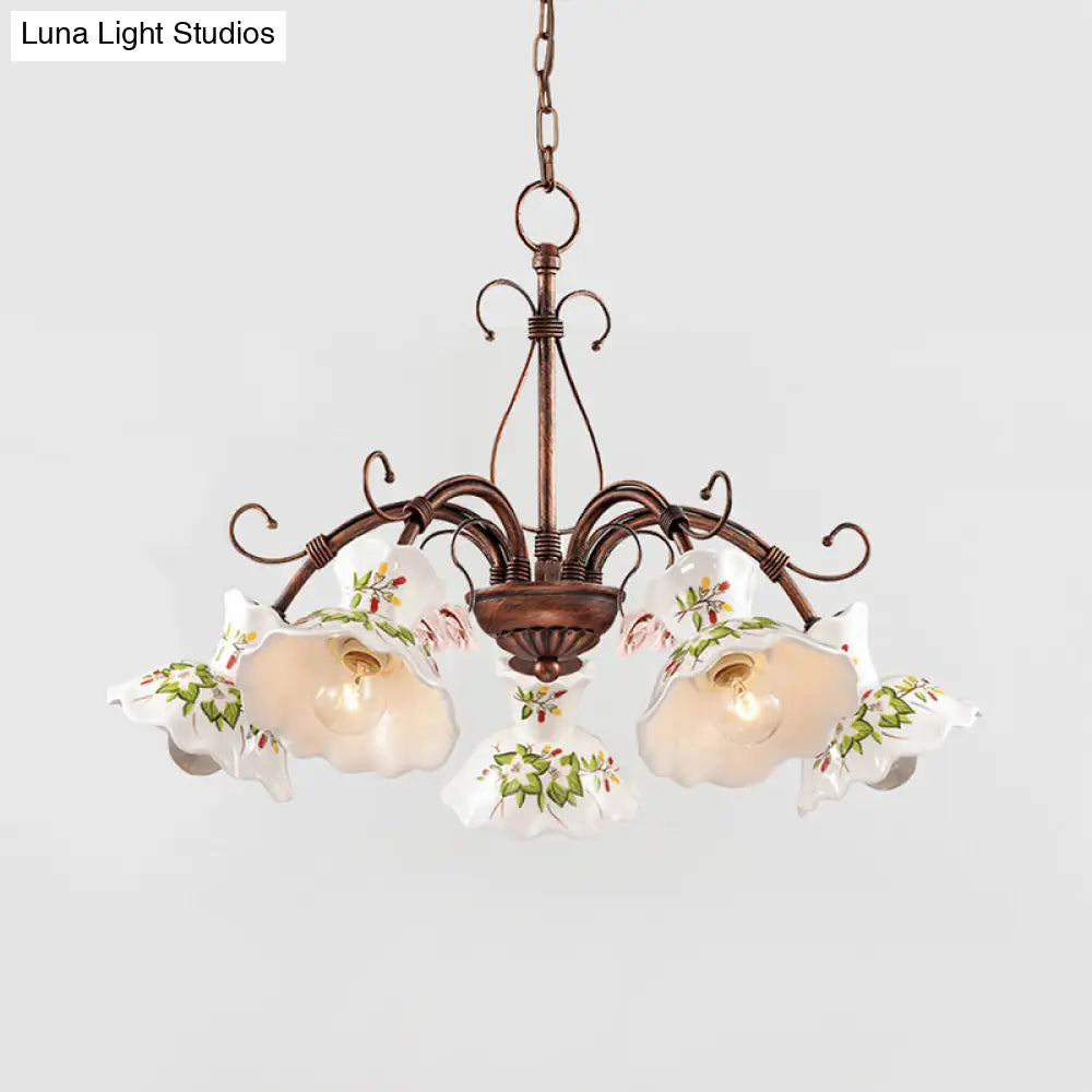 Traditional Frosted Glass Spur Pendant Chandelier With Flower Disk Shade - Rust Hanging Ceiling