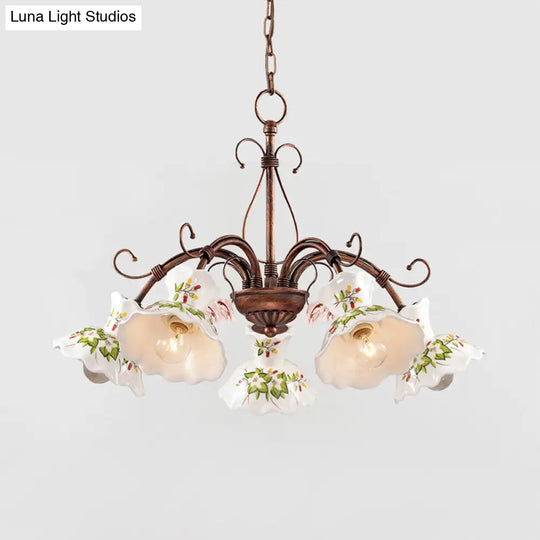 Traditional Frosted Glass Spur Pendant Chandelier With Flower Disk Shade - Rust Hanging Ceiling