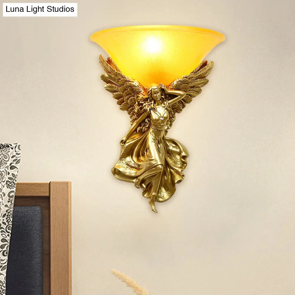 Traditional Frosted Glass Wall Sconce With Angel Backplate In White/Gold - 1 Bulb