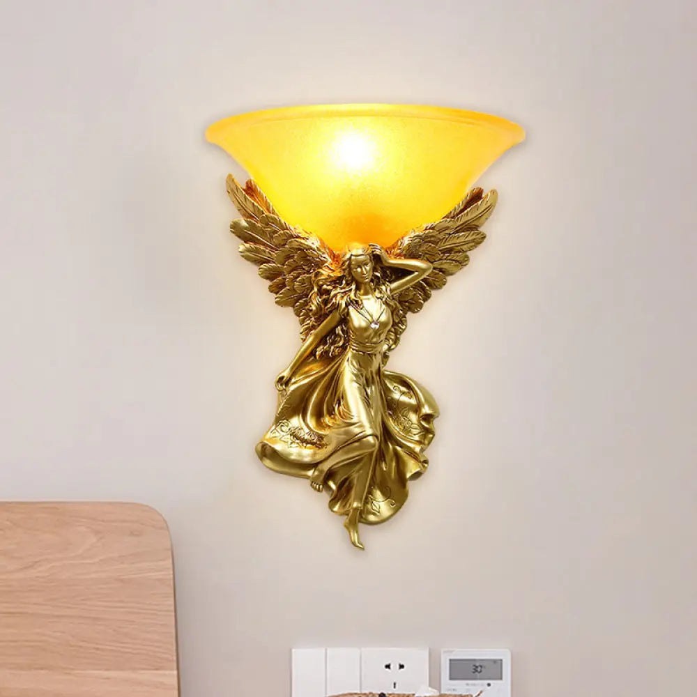 Traditional Frosted Glass Wall Sconce With Angel Backplate In White/Gold - 1 Bulb Gold / Left