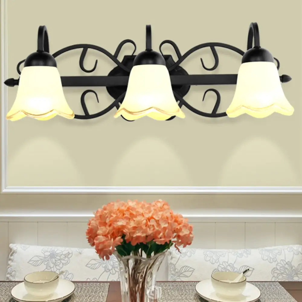 Traditional Frosted Glass Wall Sconce With Gooseneck Arm - Flower Bathroom Lighting Black 2/3-Head 3