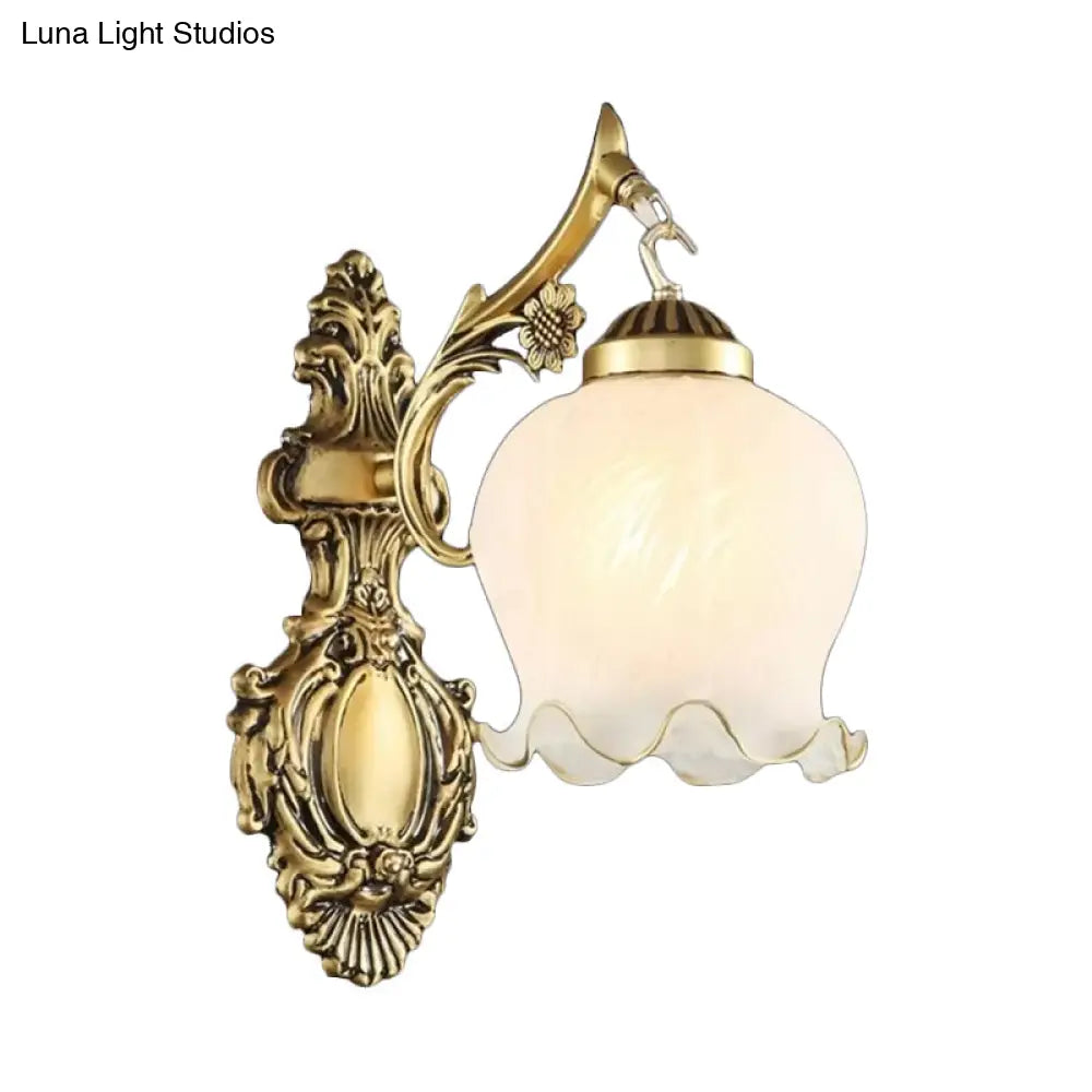 Traditional Frosted Glass Wall Sconce With Lettuce-Trim Shade - White/Bronze