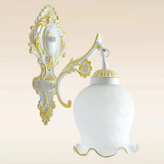 Traditional Frosted Glass Wall Sconce With Lettuce-Trim Shade - White/Bronze White