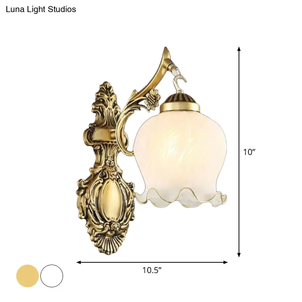 Traditional Frosted Glass Wall Sconce With Lettuce-Trim Shade - White/Bronze