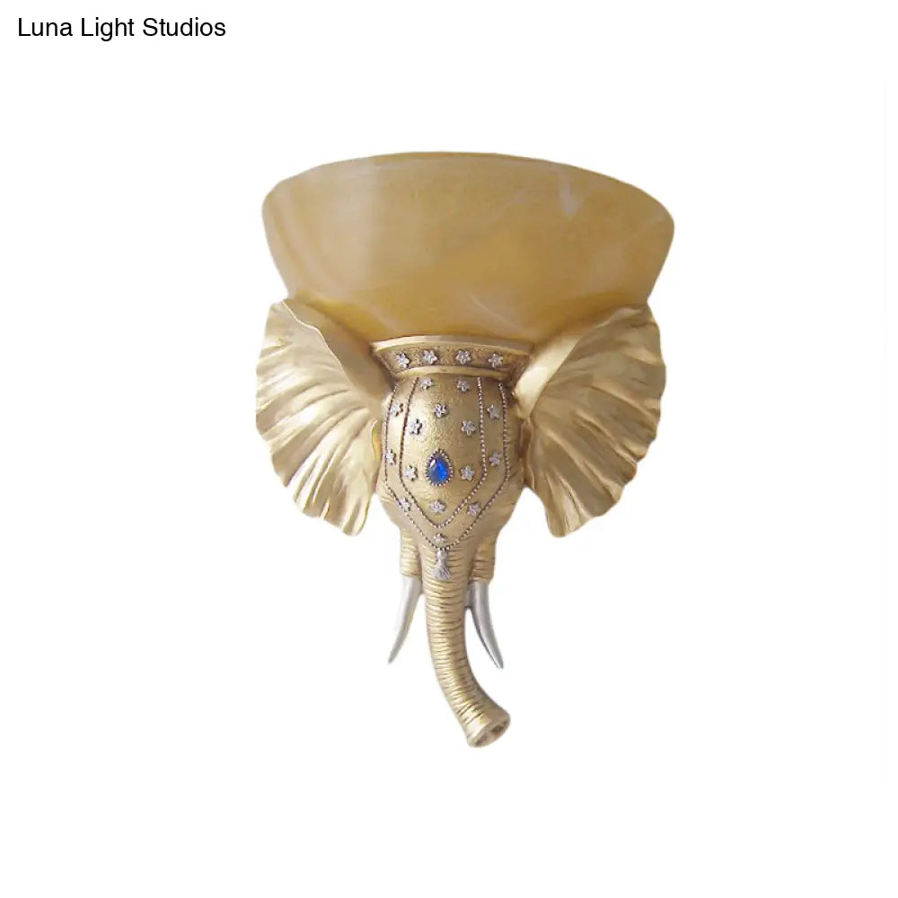 Traditional Glass Beige Bowl Sconce Light - 1 Corridor Wall Mount With Gold/White Resin Elephant