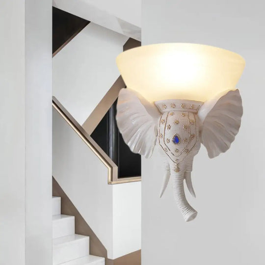 Traditional Glass Beige Bowl Sconce Light - 1 Corridor Wall Mount With Gold/White Resin Elephant