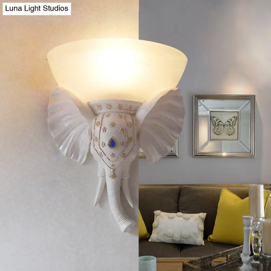 Traditional Glass Beige Bowl Sconce Light - 1 Corridor Wall Mount With Gold/White Resin Elephant