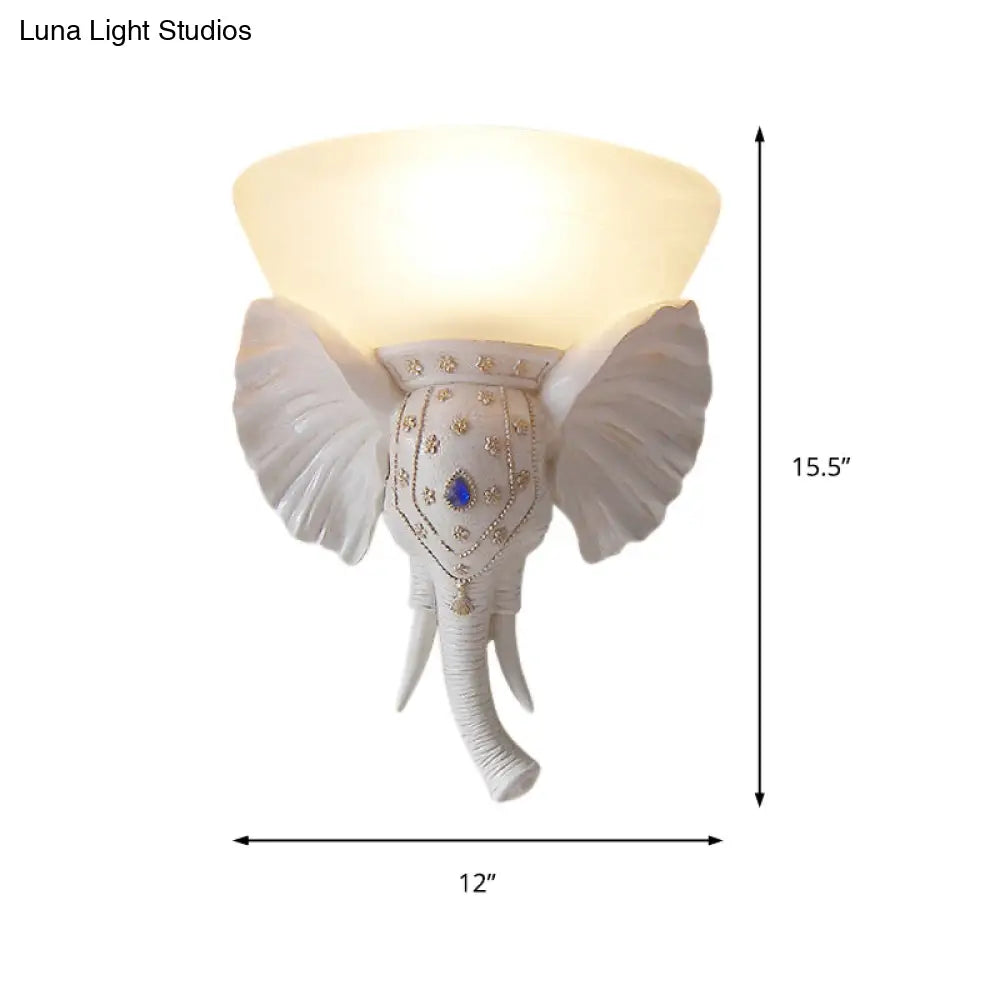 Traditional Glass Beige Bowl Sconce Light - 1 Corridor Wall Mount With Gold/White Resin Elephant