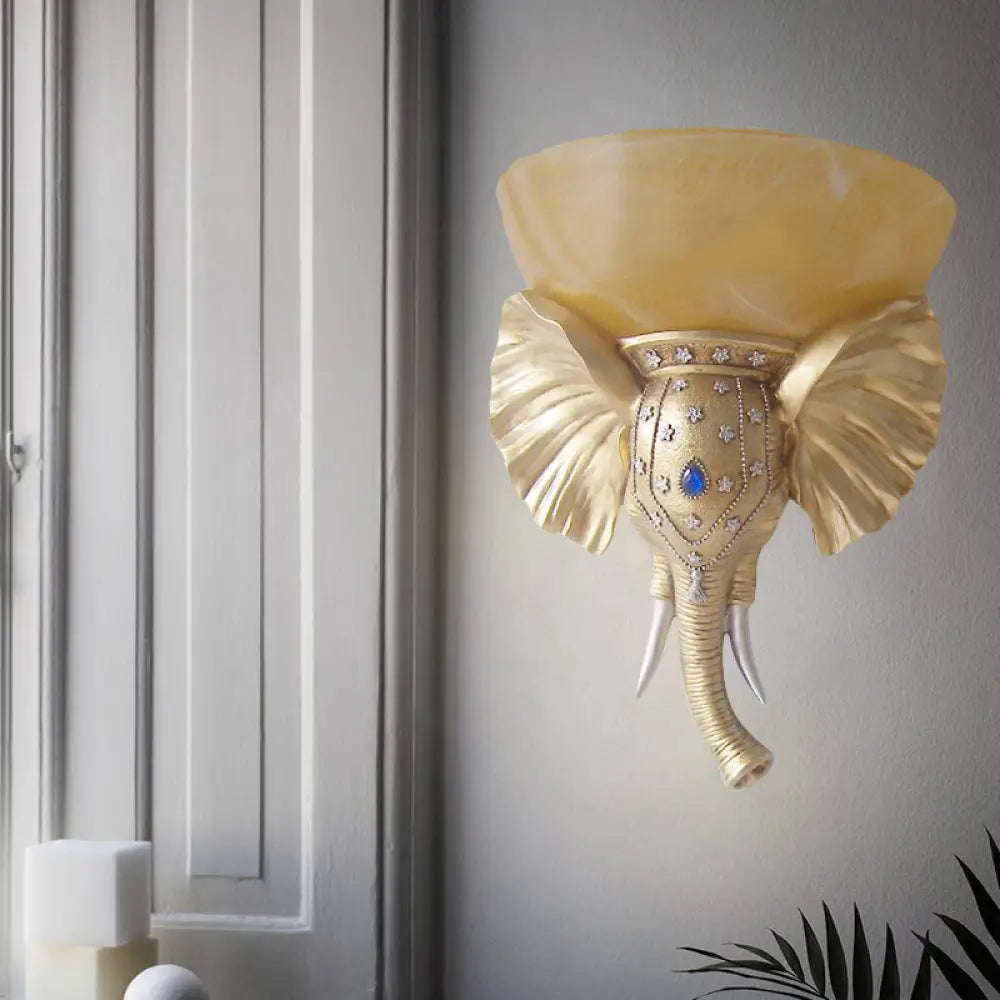 Traditional Glass Beige Bowl Sconce Light - 1 Corridor Wall Mount With Gold/White Resin Elephant