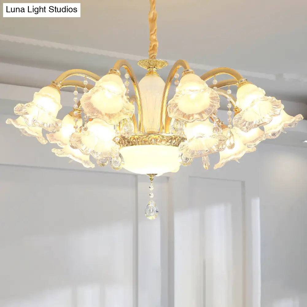 Traditional Glass Chandelier With Gold Floral Shade Ceiling Lighting And Crystal Draping For Living