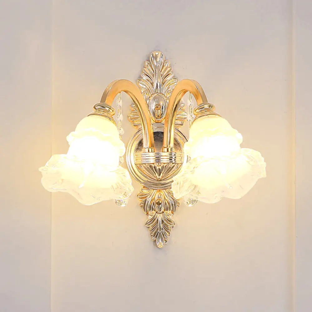 Traditional Glass Chandelier With Gold Floral Shade Ceiling Lighting And Crystal Draping For Living