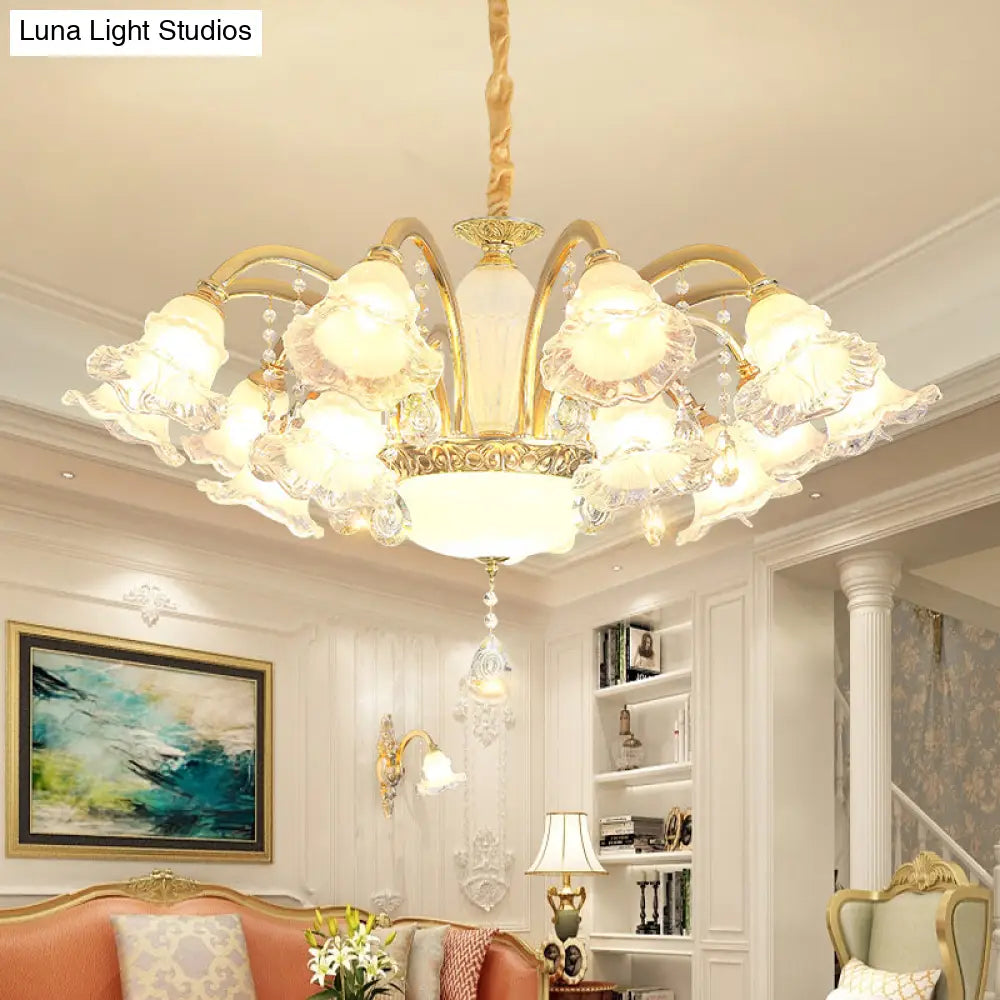 Traditional Glass Chandelier With Gold Floral Shade Ceiling Lighting And Crystal Draping For Living