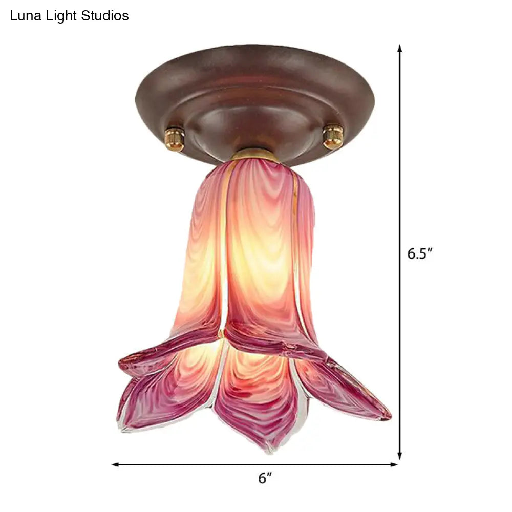 Traditional Glass Flush Ceiling Light Fixture - Flower Shaped White/Yellow/Purple 1 For Living Room