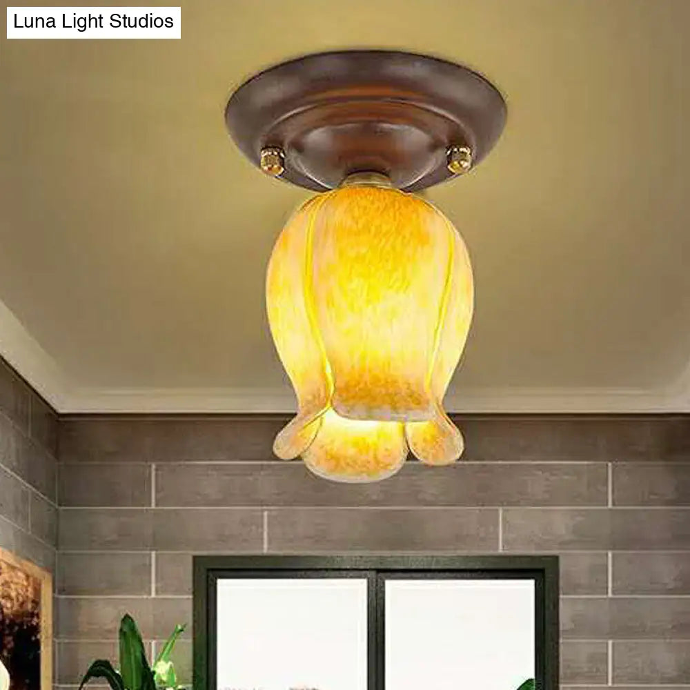 Traditional Glass Flush Ceiling Light Fixture - Flower Shaped White/Yellow/Purple 1 For Living Room