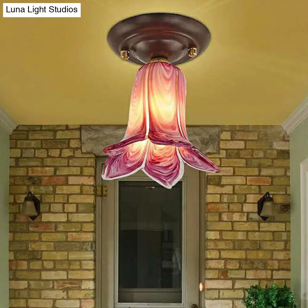 Traditional Glass Flush Ceiling Light Fixture - Flower Shaped White/Yellow/Purple 1 For Living Room