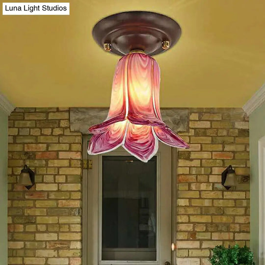 Traditional Glass Flush Ceiling Light Fixture - Flower Shaped White/Yellow/Purple 1 For Living Room