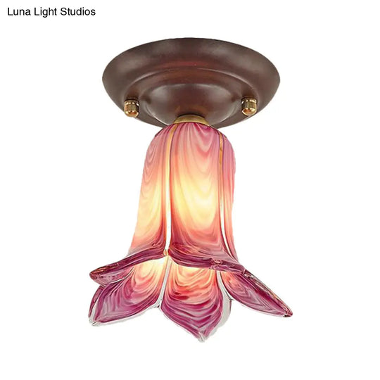 Traditional Glass Flush Ceiling Light Fixture - Flower Shaped White/Yellow/Purple 1 For Living Room