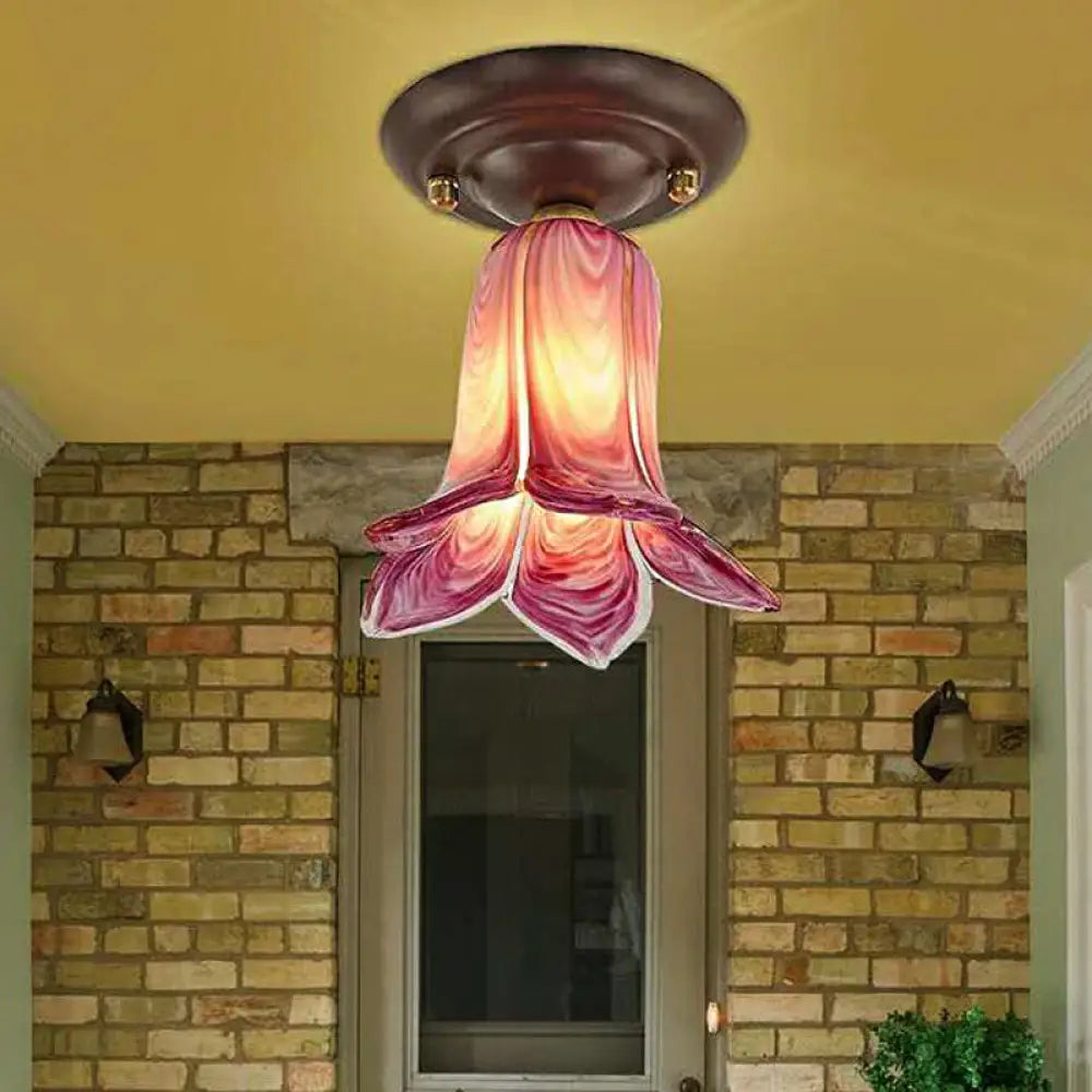 Traditional Glass Flush Ceiling Light Fixture - Flower Shaped White/Yellow/Purple 1 For Living Room