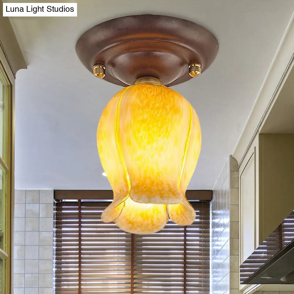 Traditional Glass Flush Ceiling Light Fixture - Flower Shaped White/Yellow/Purple 1 For Living Room