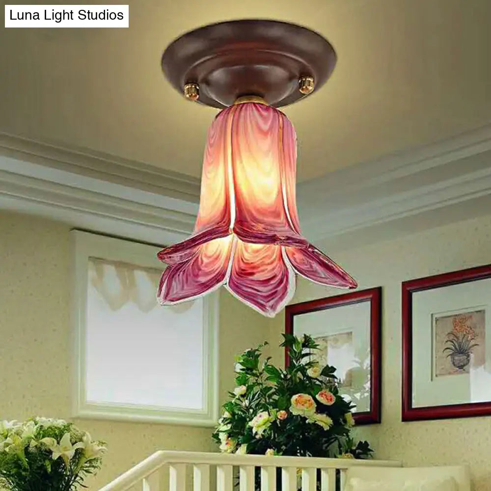 Traditional Glass Flush Ceiling Light Fixture - Flower Shaped White/Yellow/Purple 1 For Living Room