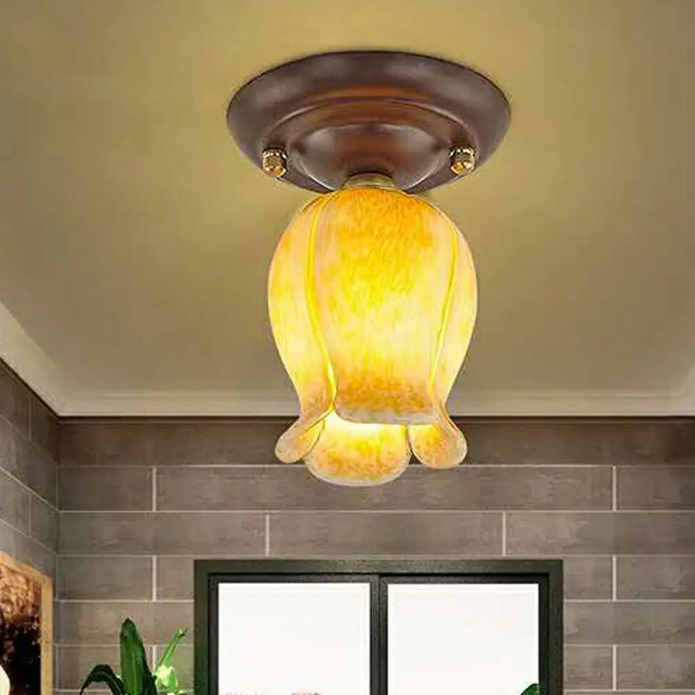 Traditional Glass Flush Ceiling Light Fixture - Flower Shaped White/Yellow/Purple 1 For Living Room