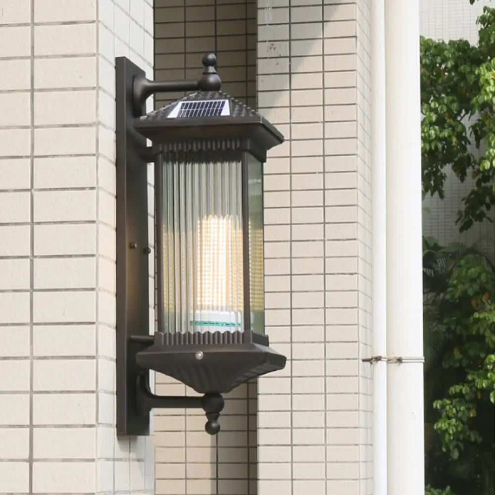 Traditional Glass Led Outdoor Wall Light With Solar Power And Ribbed Design. Coffee /