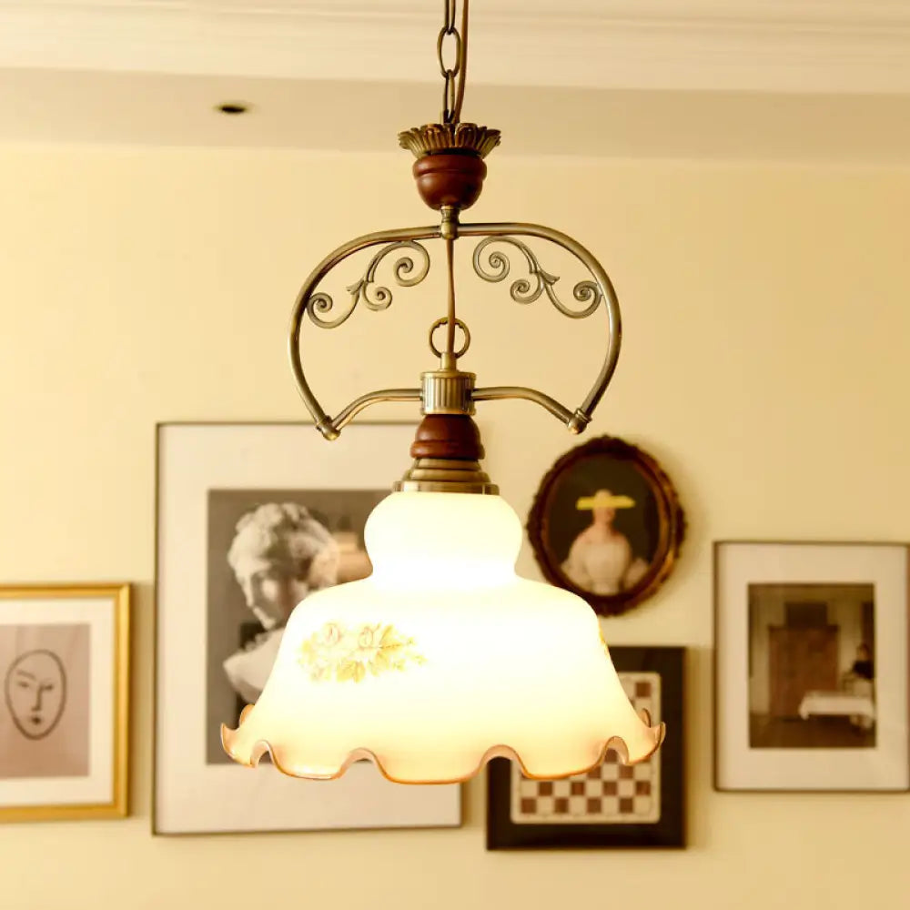 Traditional Glass Pendant Light With Scalloped Edge - White Barn Suspension Fixture