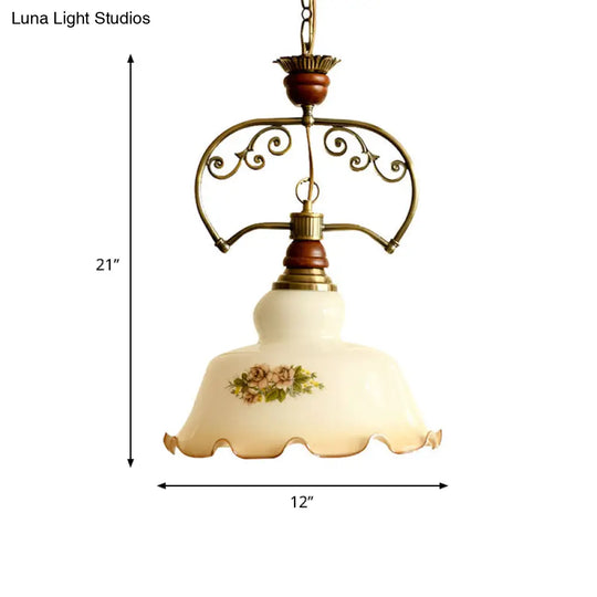 Traditional Glass Pendant Light With Scalloped Edge - White Barn Suspension Fixture