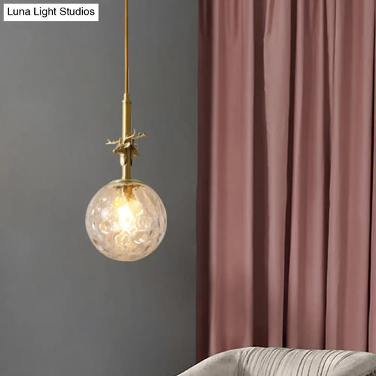 Traditional Glass Sphere Pendant Light With Clear Dimpled Shade Brass Ceiling Lamp