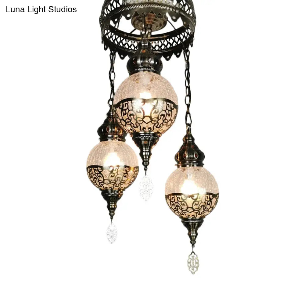 Traditional Globe Crackle Glass Hanging Chandelier With 3 Heads White/Bronze Ceiling Light