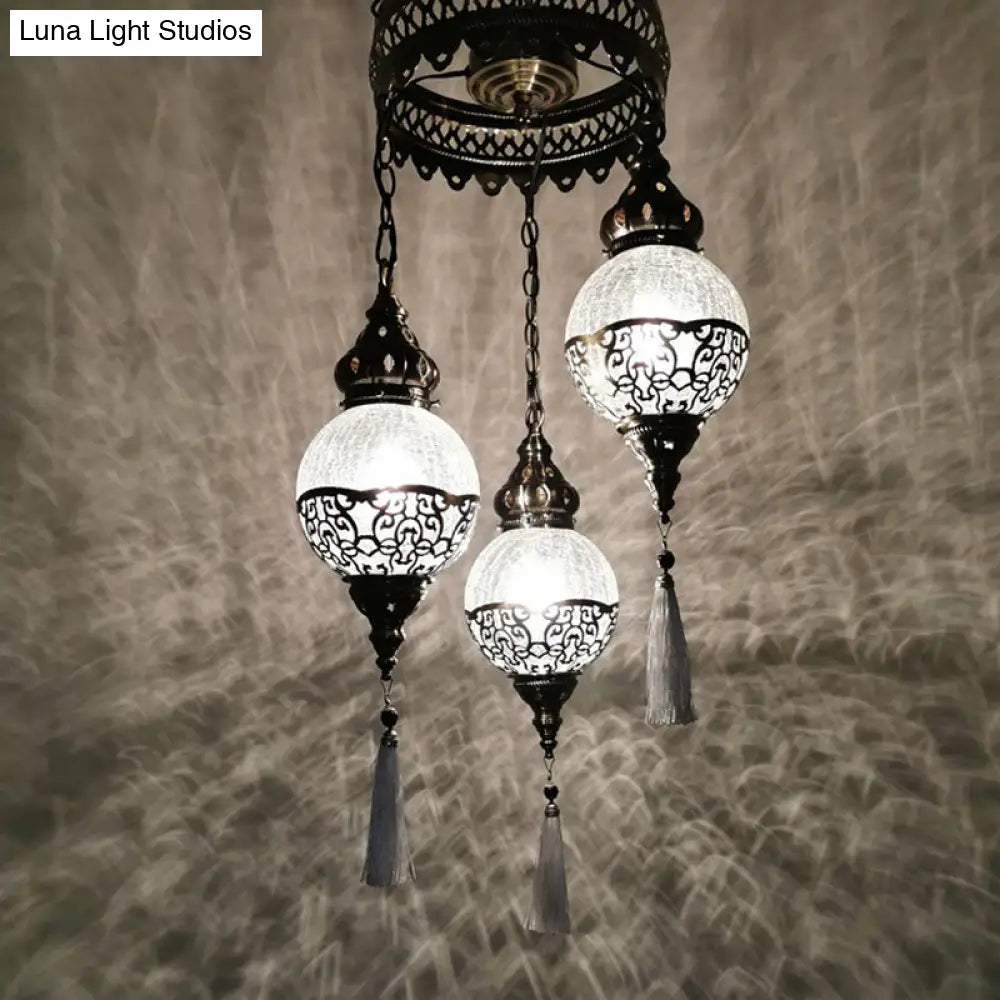 Traditional Globe Crackle Glass Hanging Chandelier With 3 Heads White/Bronze Ceiling Light